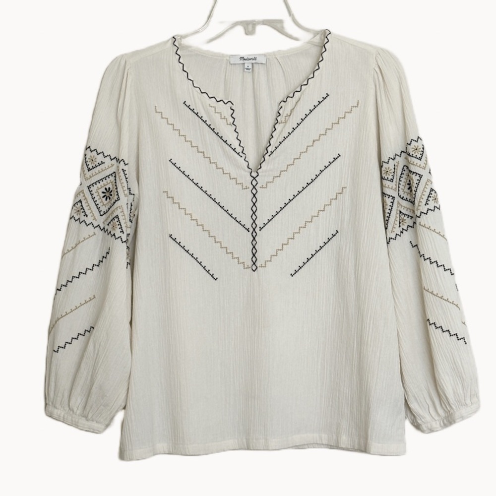 Madewell Embroidered Peasant Top in Antique Cream Size Small